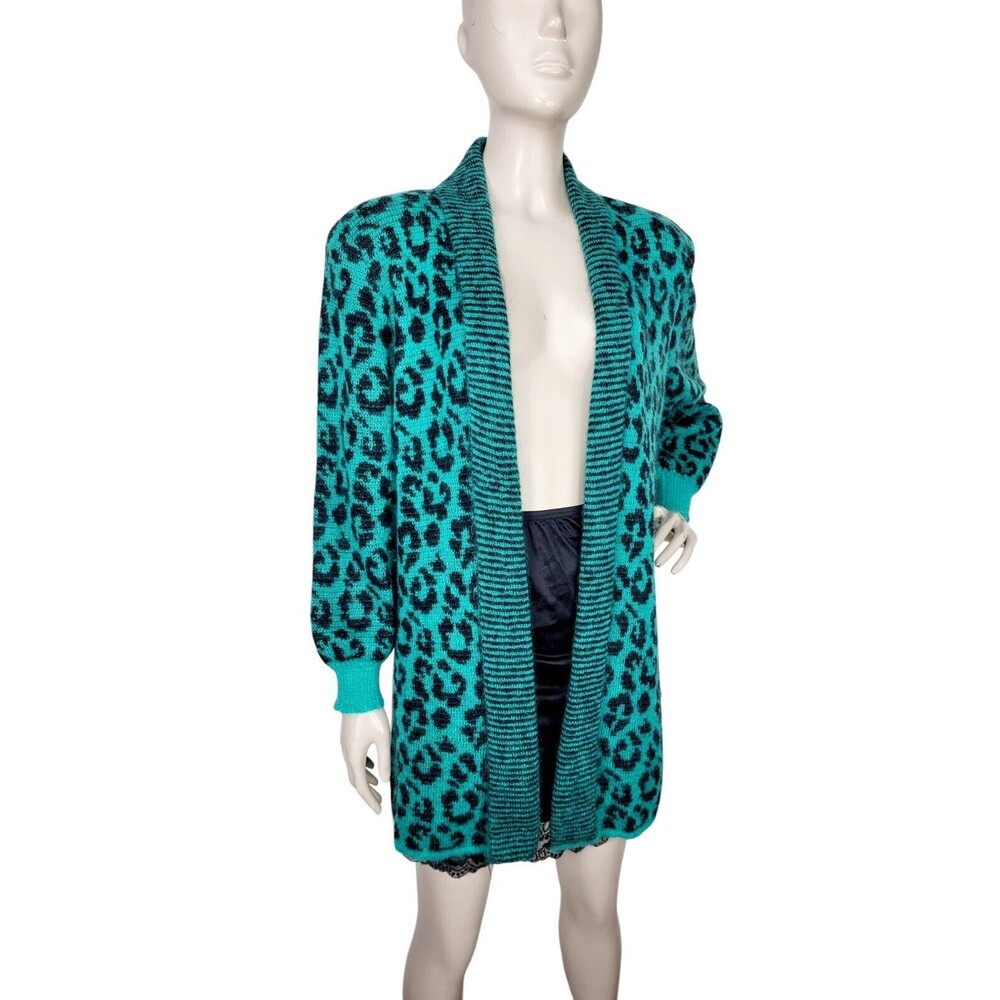 Vintage 80s Brenda French Hand Loomed Green Cheetah Mohair Open Front Sweater